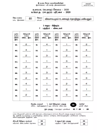 2020 O/L Agriculture And Food Technology Marking Scheme | Tamil Medium