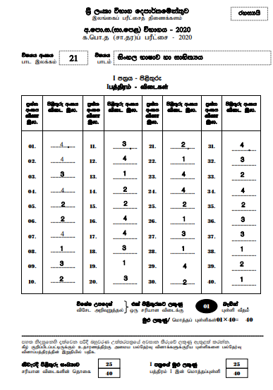 2020 O/L Sinhala Language & Literature Marking Scheme