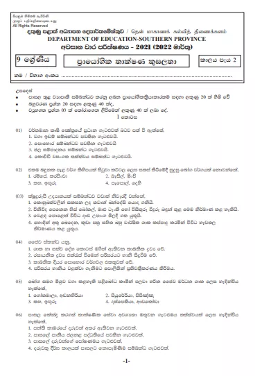 2021 Grade 09 PTS 3rd Term Test Paper | Southern Province