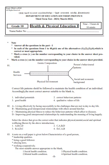 2021 Grade 10 Health 3rd Term Test Paper | Southern Province
