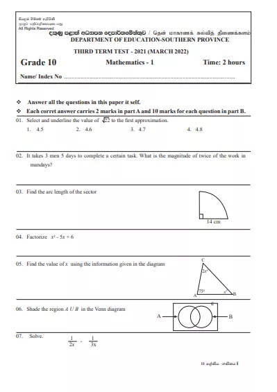 2021 Grade 10 Maths 3rd Term Test Paper | Southern Province