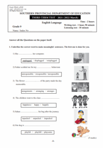 2021 Grade 09 English 3rd Term Test Paper | Southern Province