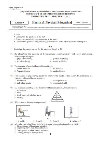2021 Grade 09 Health 3rd Term Test Paper | Southern Province