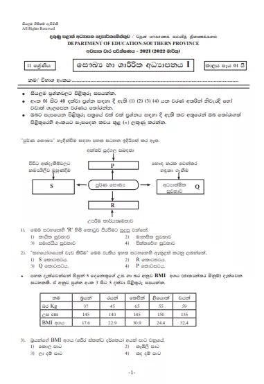 2021 Grade 11 Health 3rd Term Test Paper | Southern Province