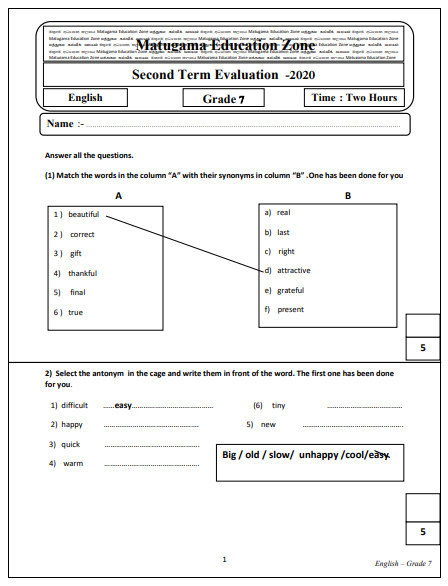 Grade 07 English Second Term Test Paper with Answers 2020