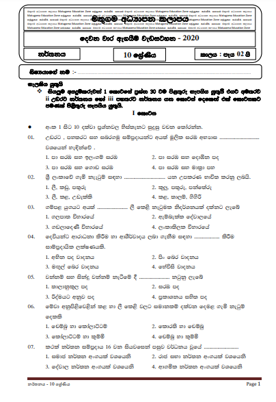 Grade 10 Dancing Second Term Test Paper with Answers 2020