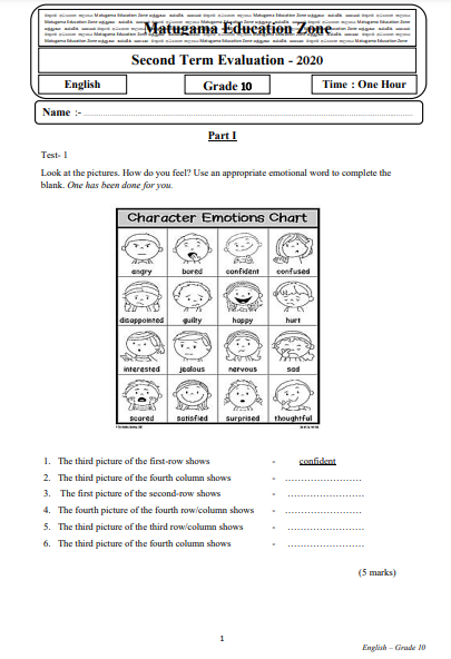 Grade 10 English Second Term Test Paper with Answers 2020
