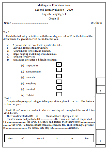 Grade 11 English Second Term Test Paper with Answers 2020