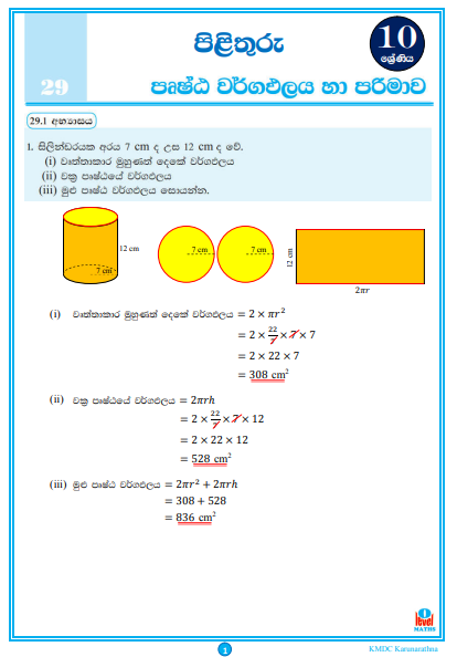 SURFACE AREA AND VOLUME (Prushta Wargapalaya Ha Parimawa) | Grade 10 Maths Textbook Answers