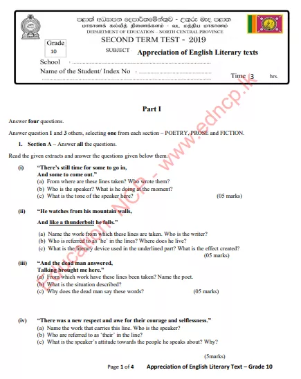 Grade 10 Appreciation Of English Literary Texts 2nd Term Test Paper with Answers 2019 - English Medium | North Central Province