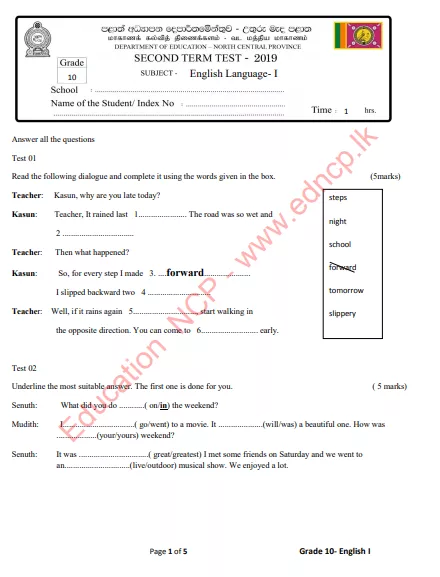 Grade 10 English Language 2nd Term Test Paper with Answers 2019 | North Central Province