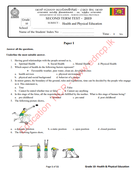 Grade 10 Health 2nd Term Test Paper 2019 - English Medium | North Central Province