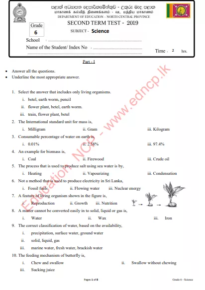 Grade 06 Science 2nd Term Test Paper 2019 - English Medium | North Central Province