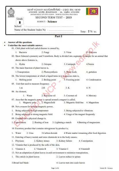 Grade 08 Science 2nd Term Test Paper 2019 - English Medium | North Central Province