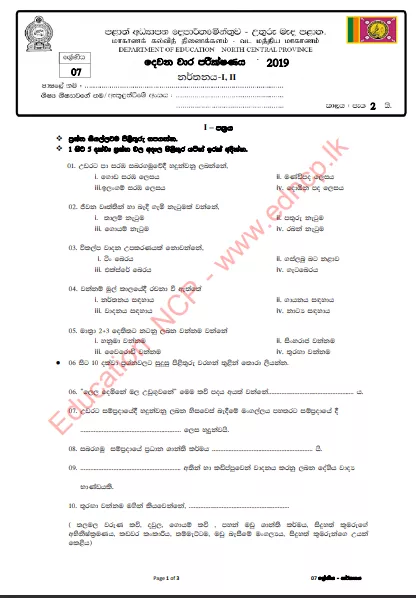 Grade 07 Dancing 2nd Term Test Paper 2019 - Sinhala Medium | North Central Province