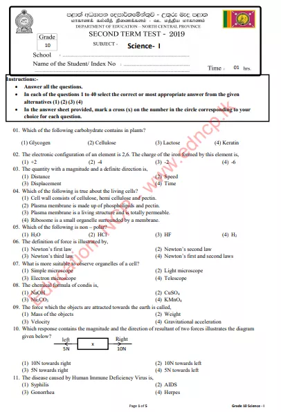 Grade 10 Science 2nd Term Test Paper 2019 - English Medium | North Central Province