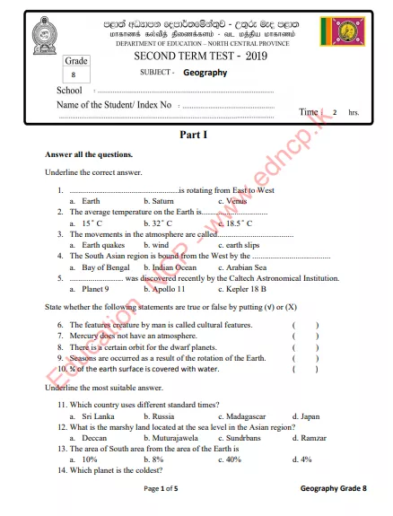 Grade 08 Geography 2nd Term Test Paper 2019 - English Medium | North Central Province