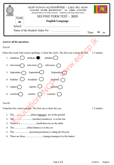 Grade 06 English Language 2nd Term Test Paper 2019 | North Central Province