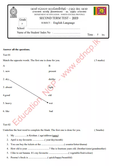 Grade 07 English Language 2nd Term Test Paper 2019 | North Central Province