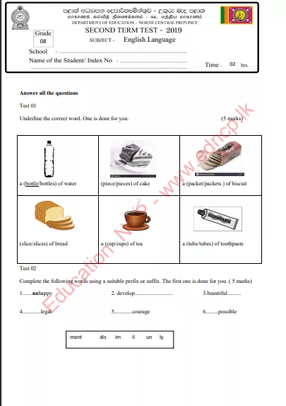 Grade 08 English Language 2nd Term Test Paper 2019 | North Central Province