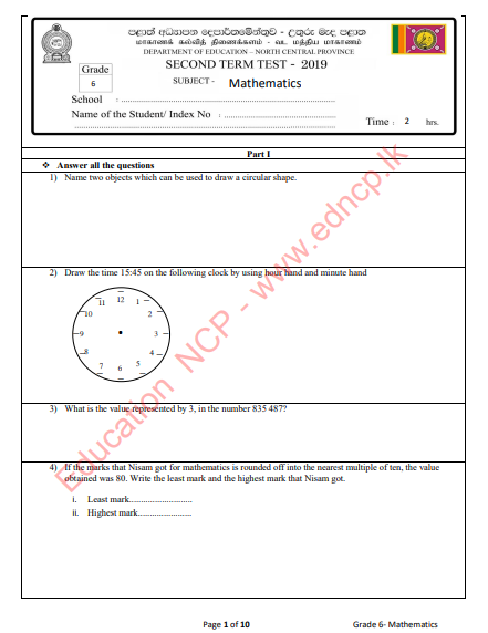 Grade 06 Mathematics 2nd Term Test Paper 2019 - English Medium | North Central Province