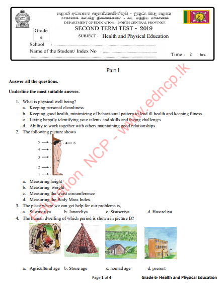 Grade 06 Health 2nd Term Test Paper 2019 - English Medium | North Central Province