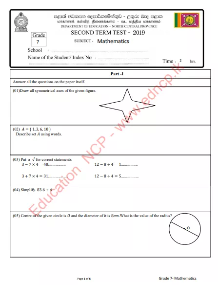 Grade 07 Mathematics 2nd Term Test Paper 2019 - English Medium | North Central Province