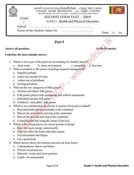Grade 07 Health 2nd Term Test Paper 2019 - English Medium | North Central Province