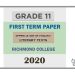 Richmond College Grade 11 Appreciation of English Literary Texts First Term Test Paper 2020