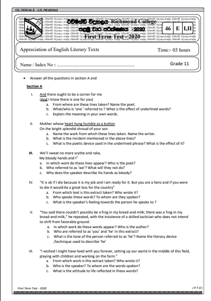 Grade 11 Appreciation of English Literary Texts 1st Term Test Paper 2020 | Richmond College 