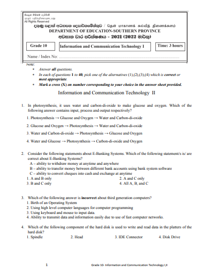 Grade 10 ICT 3rd Term Test Paper with Answers 2021 | Southern Province