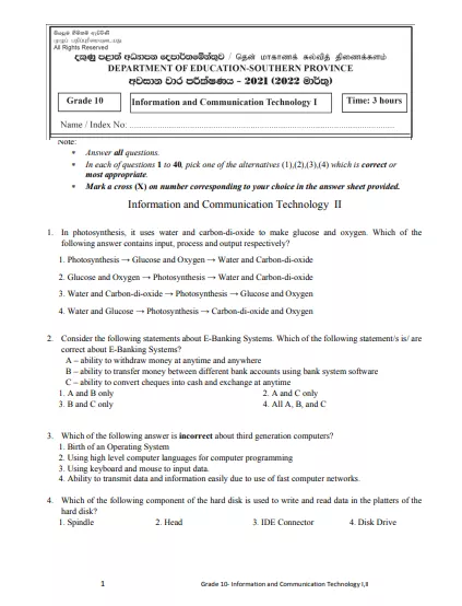 Grade 10 ICT 3rd Term Test Paper with Answers 2021 | Southern Province