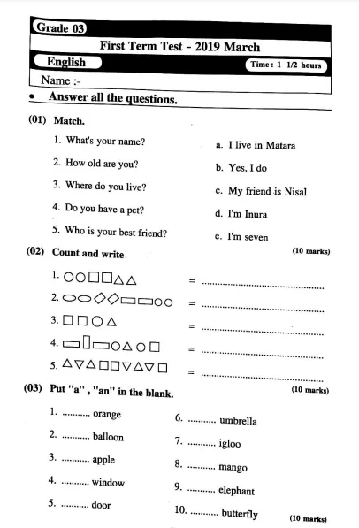 Grade 3 English Paper 2019