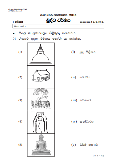 Grade 01 Buddhism 2nd Term Test Paper 2015 - Sinhala Medium
