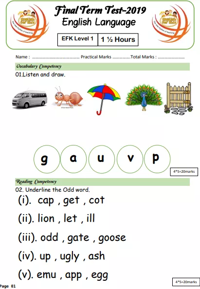 Grade 01 English 3rd Term Test Paper 2019 - Sinhala Medium