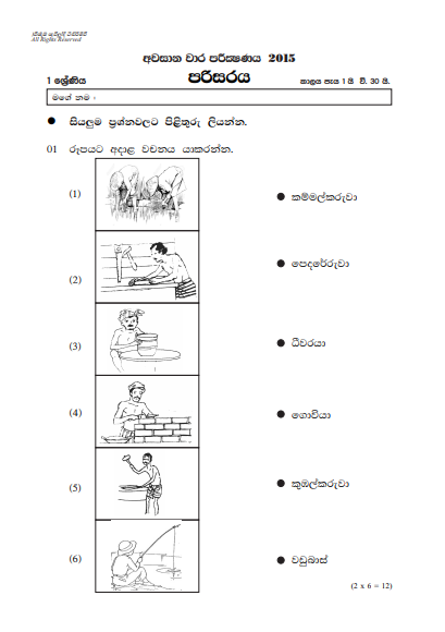 Grade 01 Environment 3rd Term Test Paper 2015 - Sinhala Medium