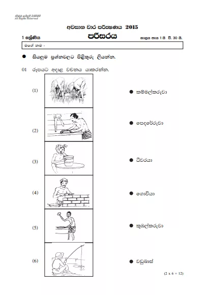 Grade 01 Environment 3rd Term Test Paper 2015 - Sinhala Medium