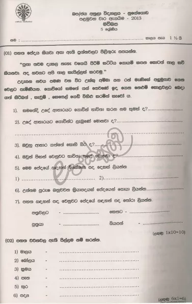 Grade 05 Sinhala 1st Term Test Exam Paper 2013