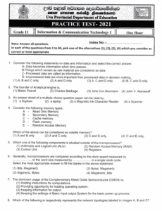 Uva Province Grade 11 ICT 3rd Term Test Paper 2021 - English Medium