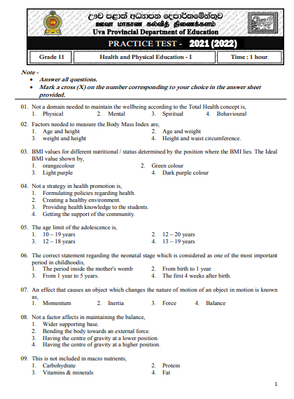 Uva Province Grade 11 Health 3rd Term Test Paper 2021 - English Medium