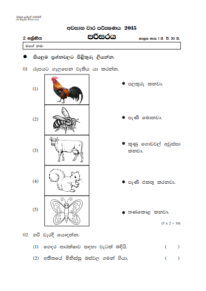 Grade 02 Environment 3rd Term Test Paper 2015 - Sinhala Medium