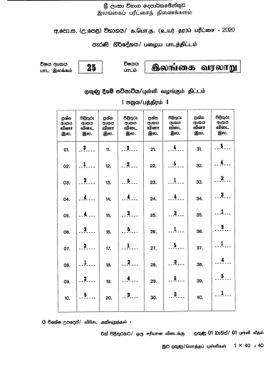 2020 AL History of Sri Lanka Marking Scheme Tamil Medium (Old Syllabus)