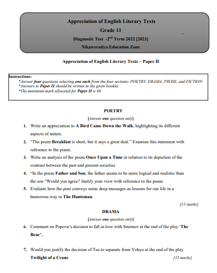 Grade 11 Appreciation of English Literary Texts 2nd Term Test Paper 2022 - Nikaweratiya Zone 