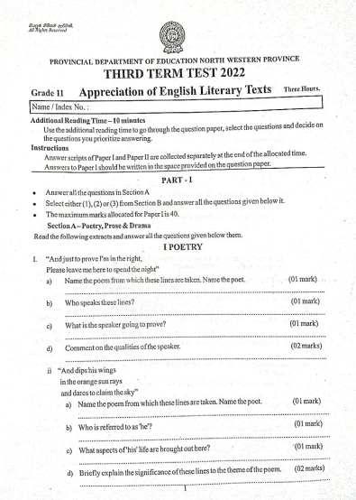 Grade 11 Appreciation of English Literary Texts 3rd Term Test Paper 2022 - North Western Province