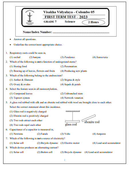 Grade 07 Science 1st Term Test Paper 2023 English Medium - Visakha Vidyalaya 