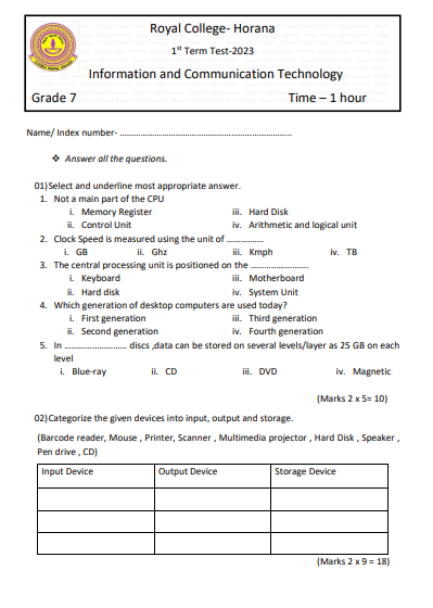 Grade 07 ICT 1st Term Test Paper 2023 English Medium - Royal College 