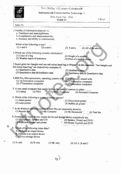 Grade 11 ICT 1st Term Test Paper 2016 English Medium -Devi Balika Vidyalaya 