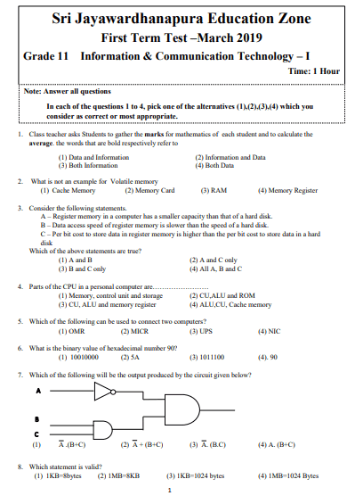 Grade 11 ICT 1st Term Test Paper 2019 English Medium - Sri Jayawardhanapura Education Zone