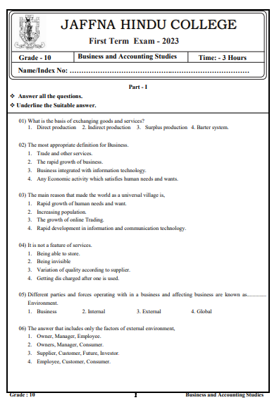 2023 Grade 10 Accounting 1st Term Test Paper |  English Medium