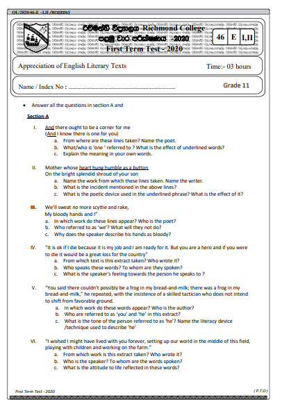 Grade 11 Appreciation of English Literary Texts 1st Term Test Paper 2020 